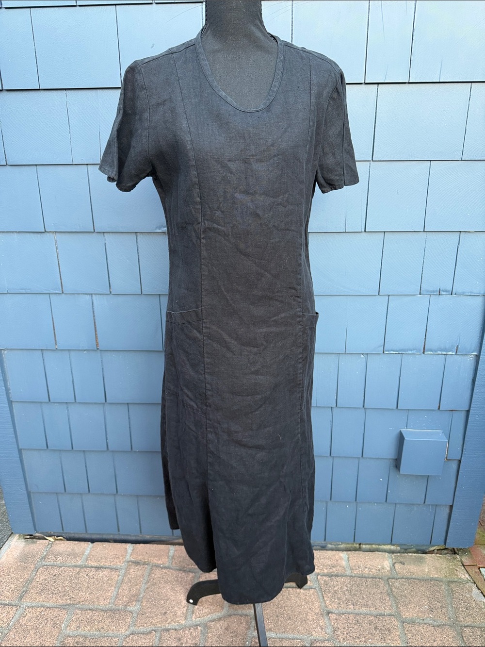 Flax Women’s Black Short-Sleeve Linen Dress petite XS